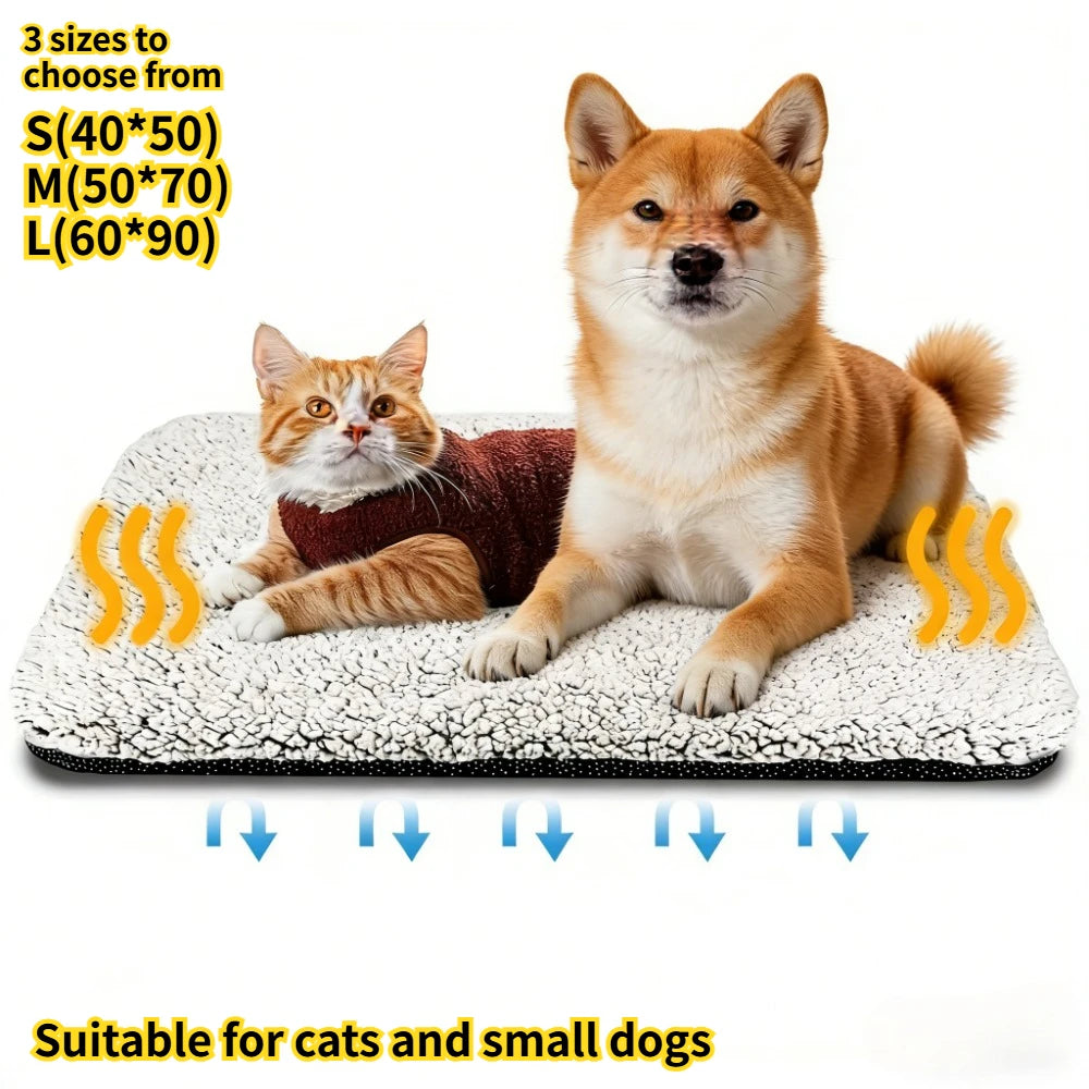 Self-warming pet mat in three sizes with a cat and a dog